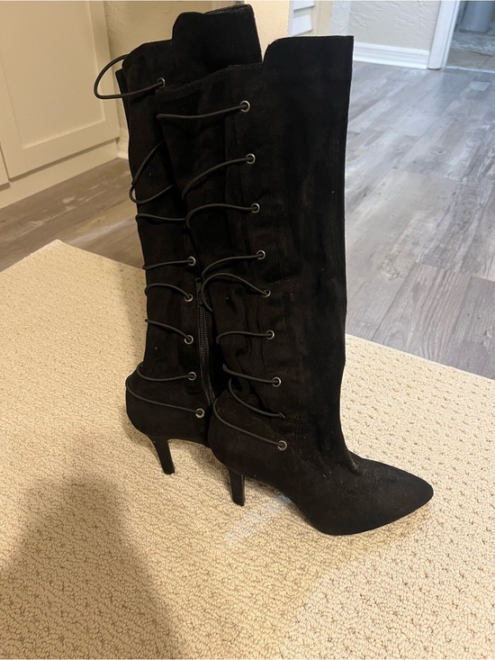 BCBG Shoes - BCBG Black Knee-High Lace-Up Pointed-Toe Heeled Boots